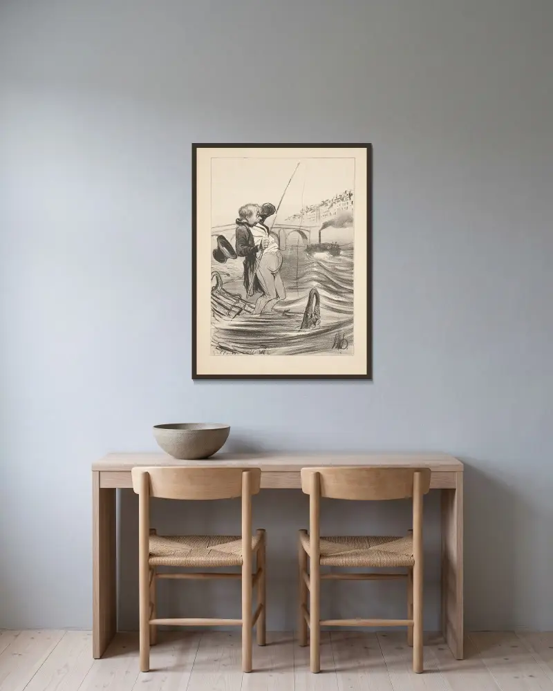 Jakt och fiske, plansch 19 av Honoré Daumier inramad på en vägg