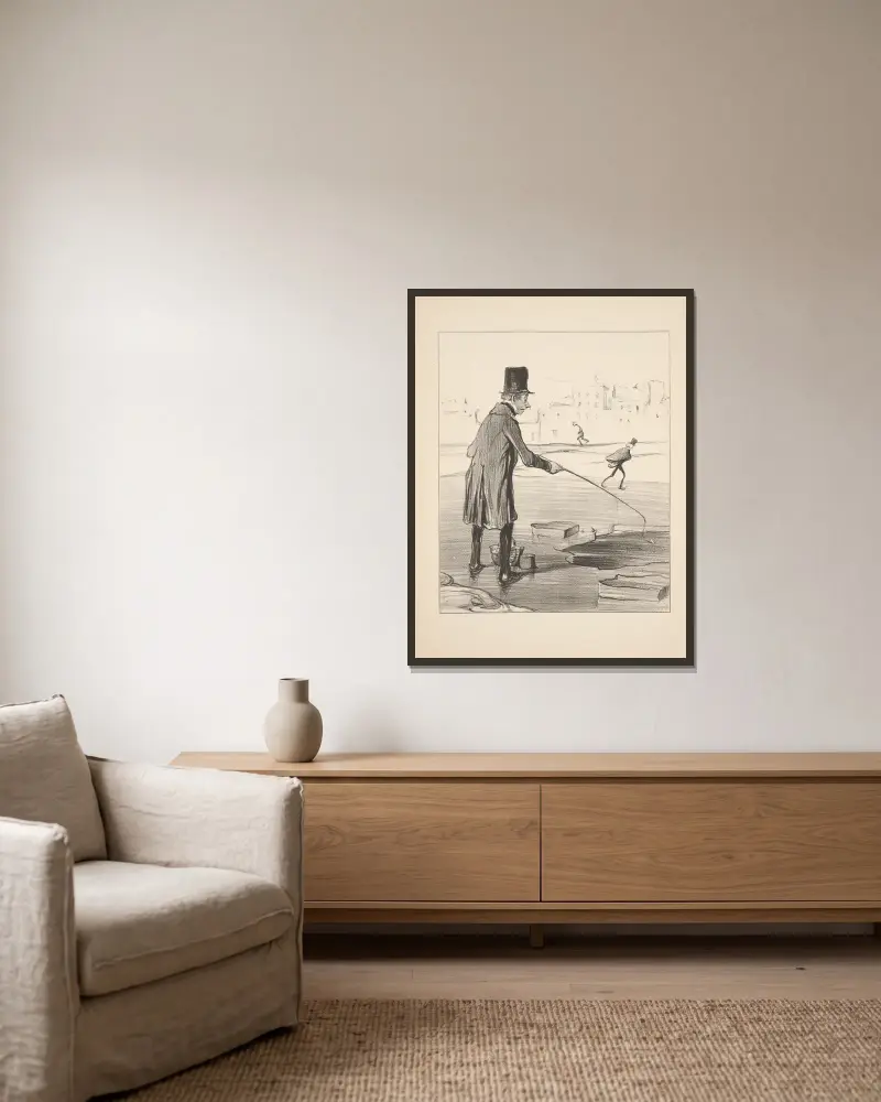 Jakt och fiske, plansch 20 av Honoré Daumier inramad på en vägg