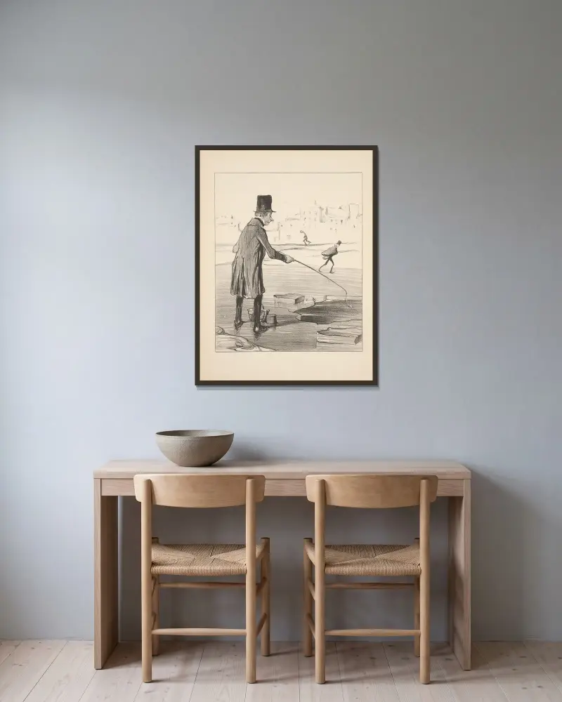 Jakt och fiske, plansch 20 av Honoré Daumier inramad på en vägg
