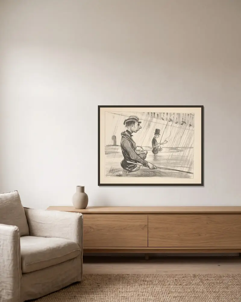 Jakt och fiske, plansch 22 av Honoré Daumier inramad på en vägg