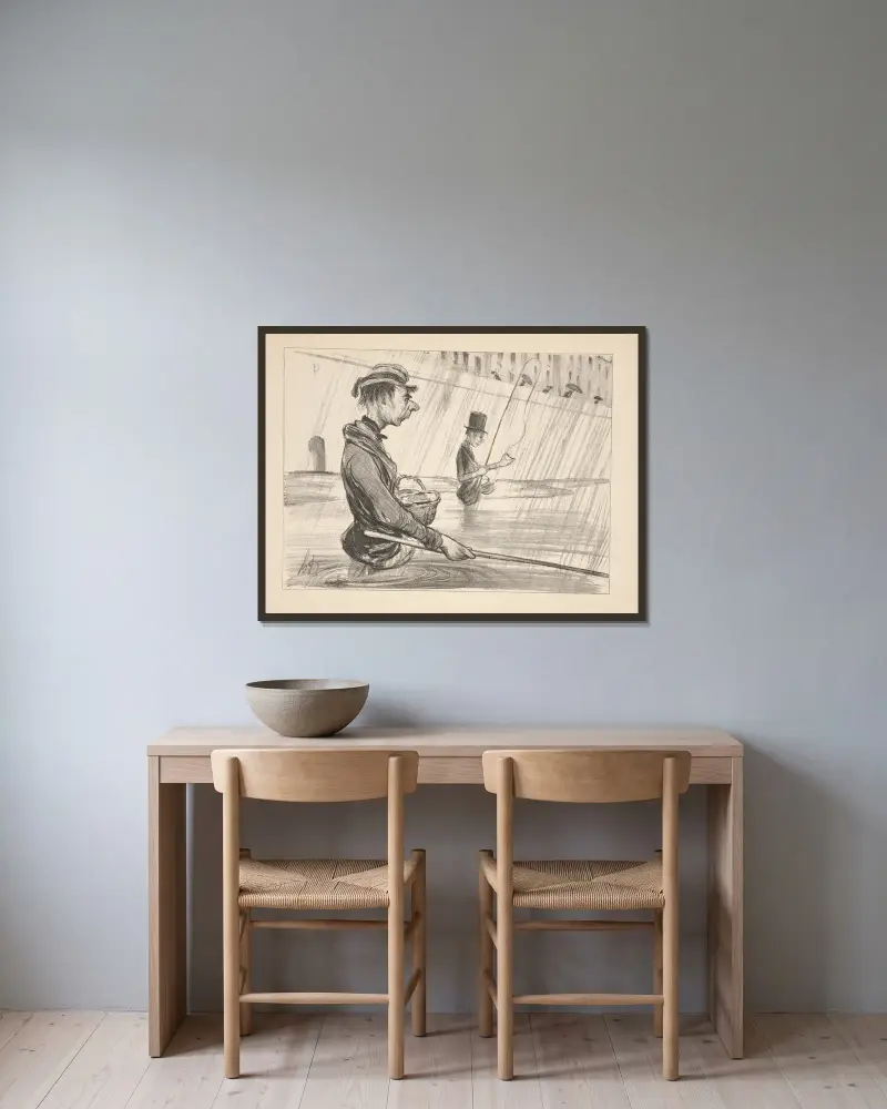 Jakt och fiske, plansch 22 av Honoré Daumier inramad på en vägg