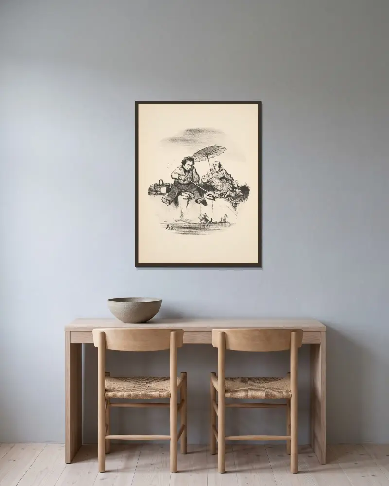 Jakt och fiske, plansch 23 av Honoré Daumier inramad på en vägg