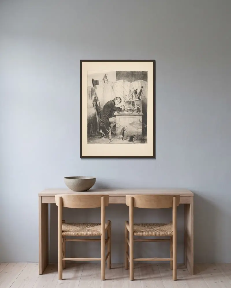 Jakt och fiske, plansch 24 av Honoré Daumier inramad på en vägg