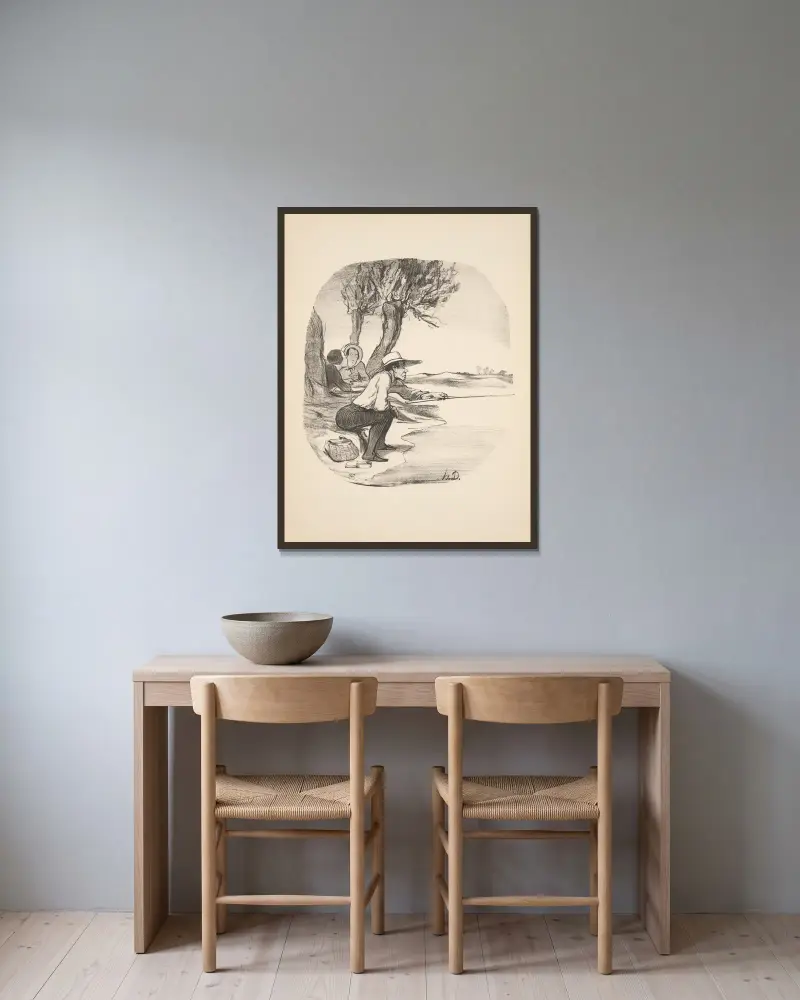 Jakt och fiske, plansch 25 av Honoré Daumier inramad på en vägg