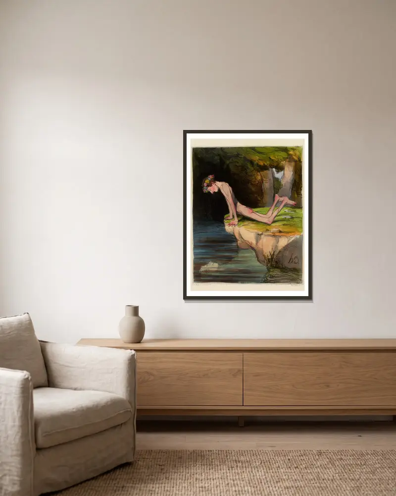 Le beau Narcisse av Honoré Daumier inramad på en vägg