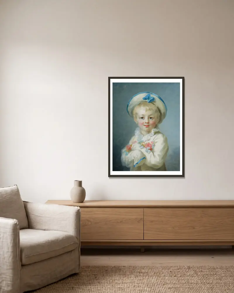 A Boy as Pierrot av Jean-Honoré Fragonard inramad på en vägg