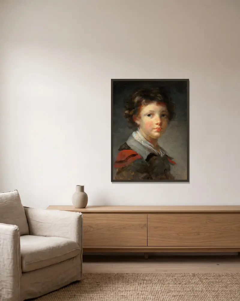 Chlapec v plášti s červenou podšívkou, Jean-Honoré Fragonard v rámu na stěně