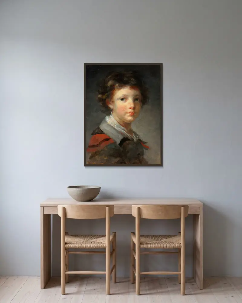 Chlapec v plášti s červenou podšívkou, Jean-Honoré Fragonard v rámu na stěně