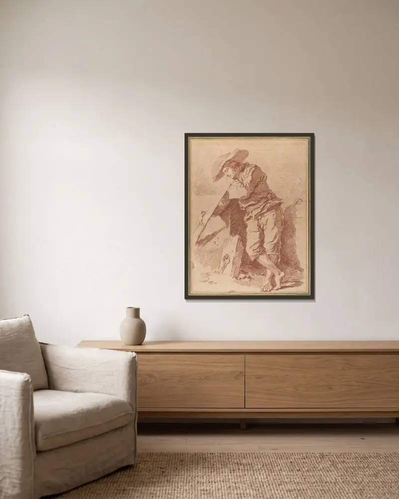 Ein Fischer, auf ein Ruder gestützt von Jean-Honoré Fragonard gerahmt an einer Wand