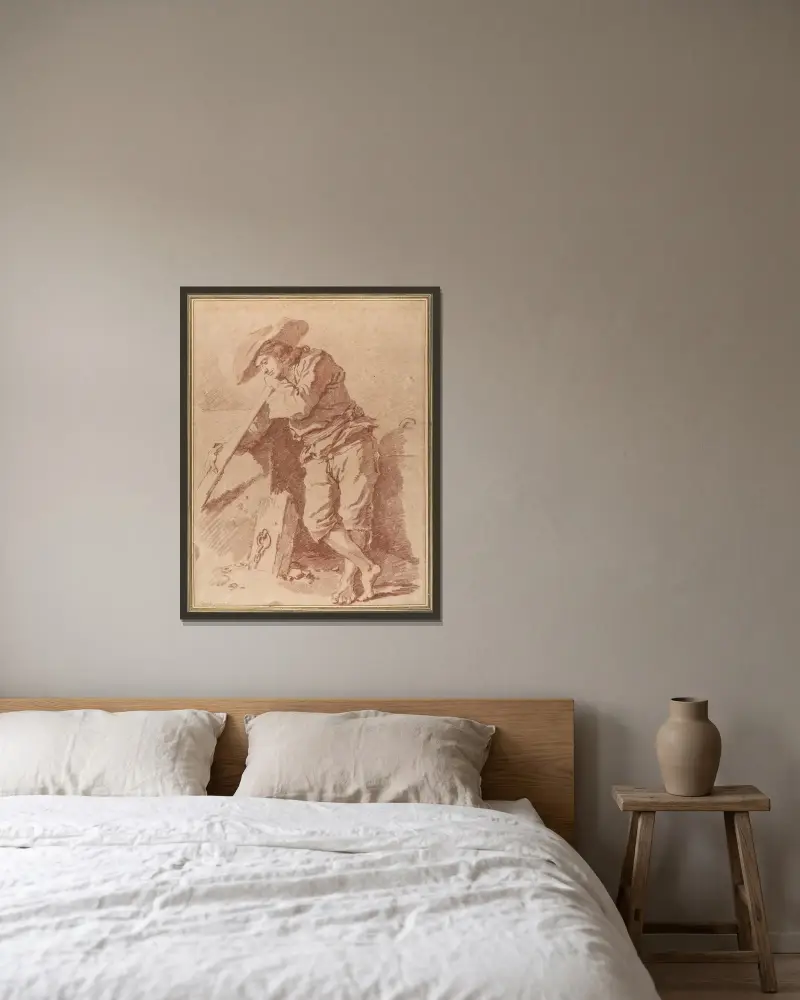 Ein Fischer, auf ein Ruder gestützt von Jean-Honoré Fragonard gerahmt an einer Wand