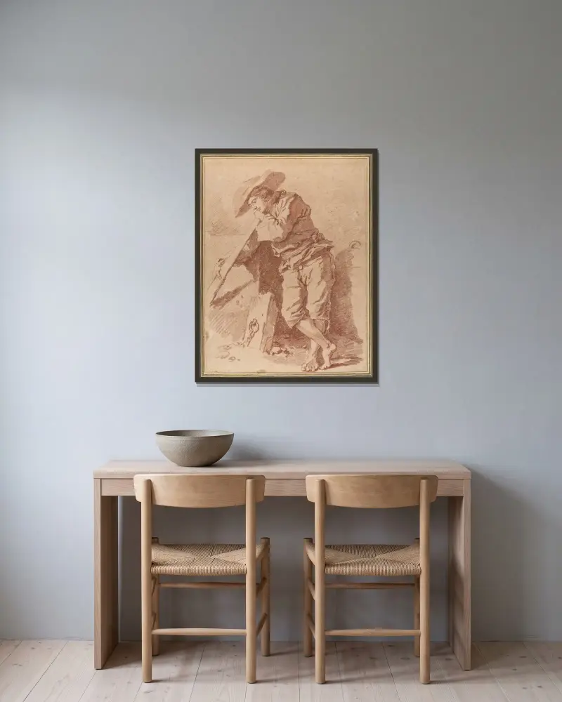 Ein Fischer, auf ein Ruder gestützt von Jean-Honoré Fragonard gerahmt an einer Wand