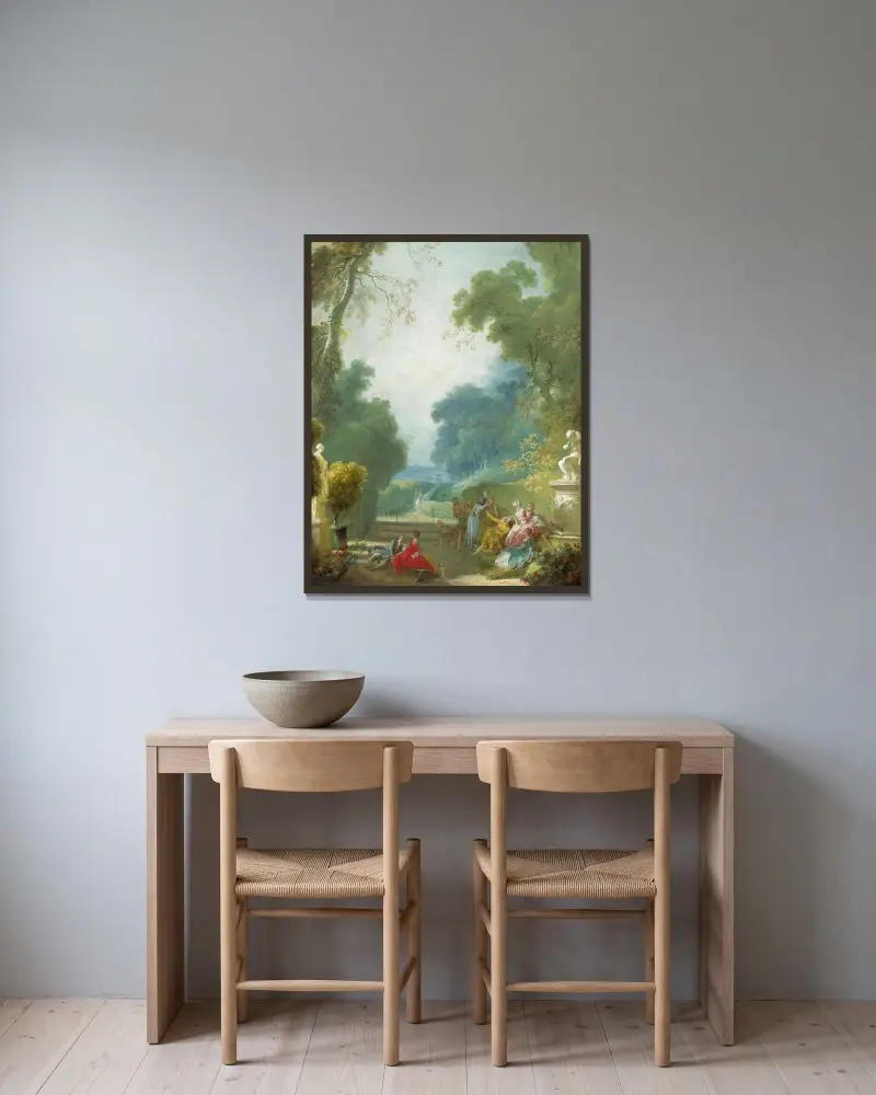 Das Spiel der heißen Kuchen von Jean-Honoré Fragonard gerahmt an einer Wand