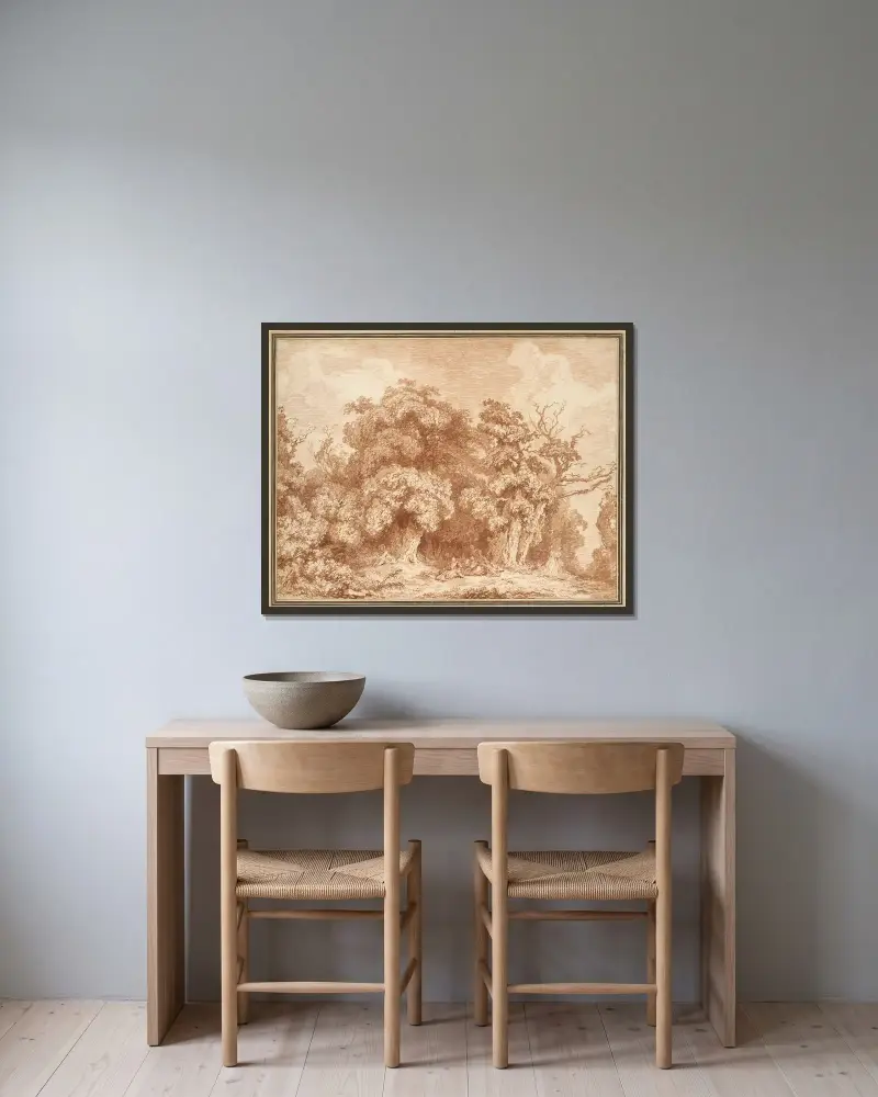 A Gathering at Wood’s Edge av Jean-Honoré Fragonard inramad på en vägg