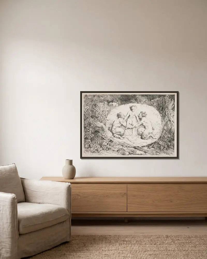 Nymf som landar i famnen på två satyrer av Jean-Honoré Fragonard inramad på en vägg