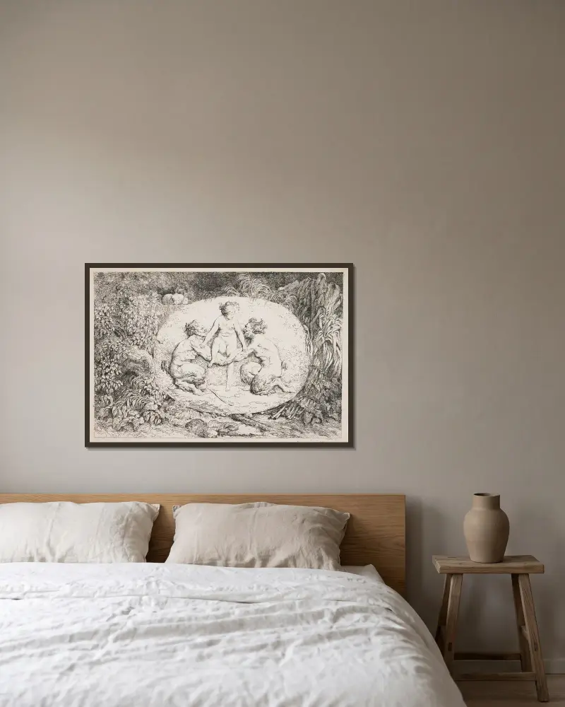 Nymf som landar i famnen på två satyrer av Jean-Honoré Fragonard inramad på en vägg
