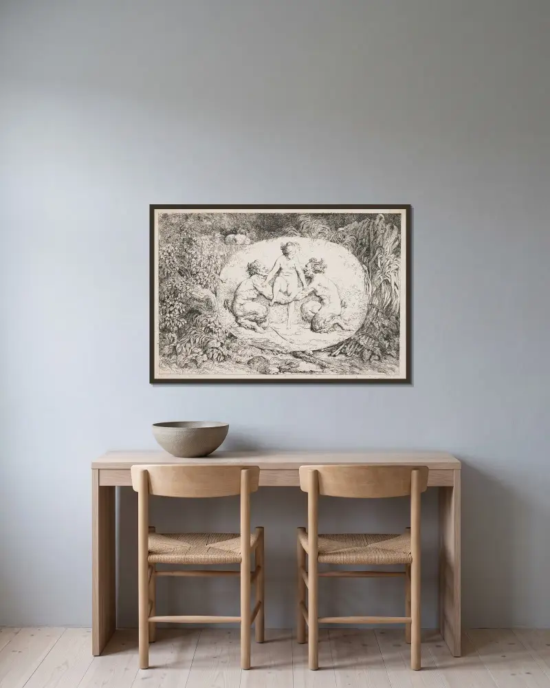 Nymf som landar i famnen på två satyrer av Jean-Honoré Fragonard inramad på en vägg