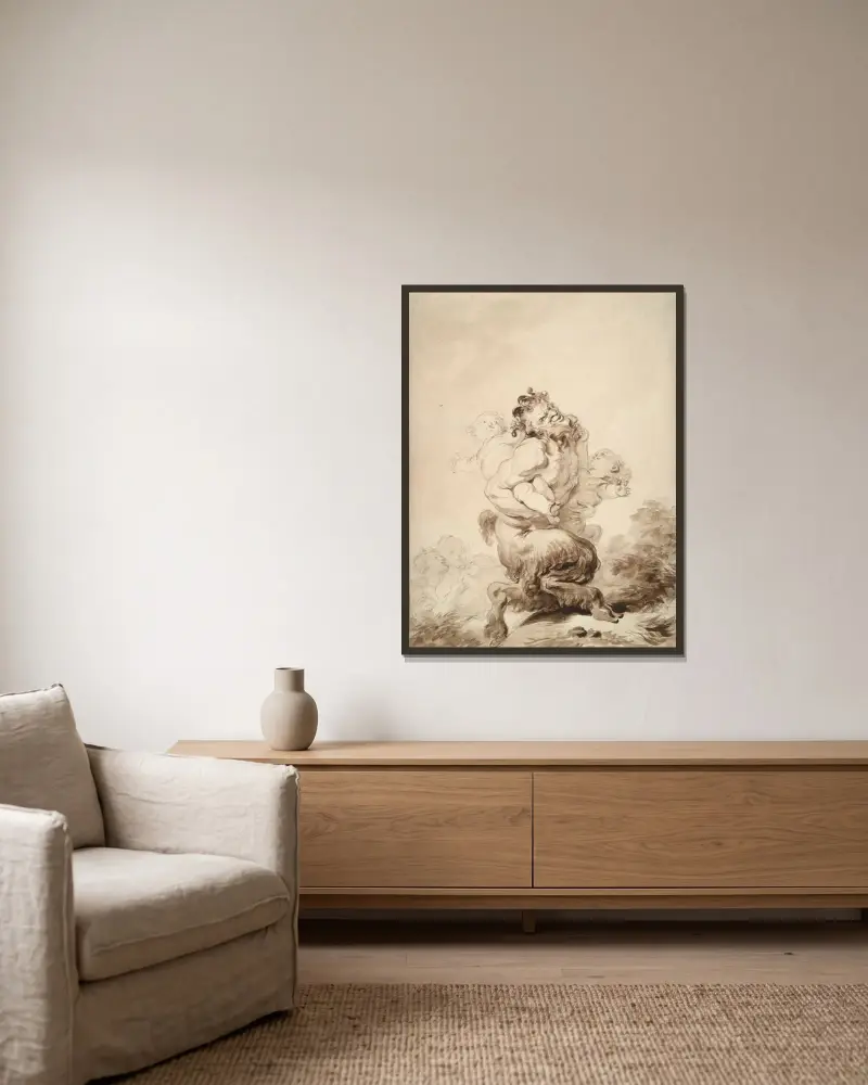 Satyr drażniony przez dwa putta, Jean-Honoré Fragonard w ramie na ścianie