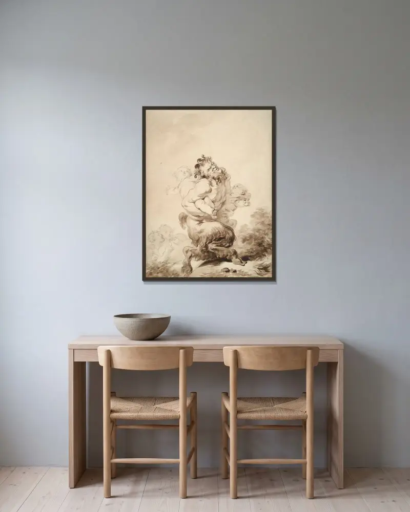 Satyr drażniony przez dwa putta, Jean-Honoré Fragonard w ramie na ścianie