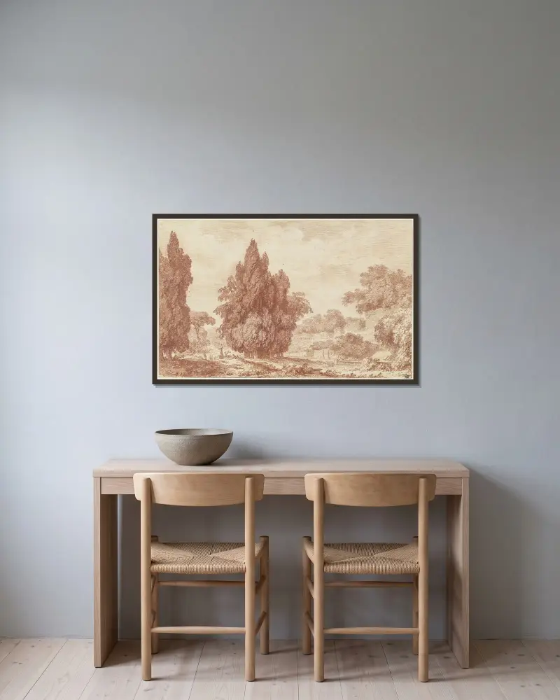 En grupp cypresser i en italiensk park av Jean-Honoré Fragonard inramad på en vägg