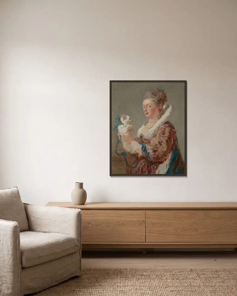 Kvinna med hund av Jean-Honoré Fragonard inramad på en vägg