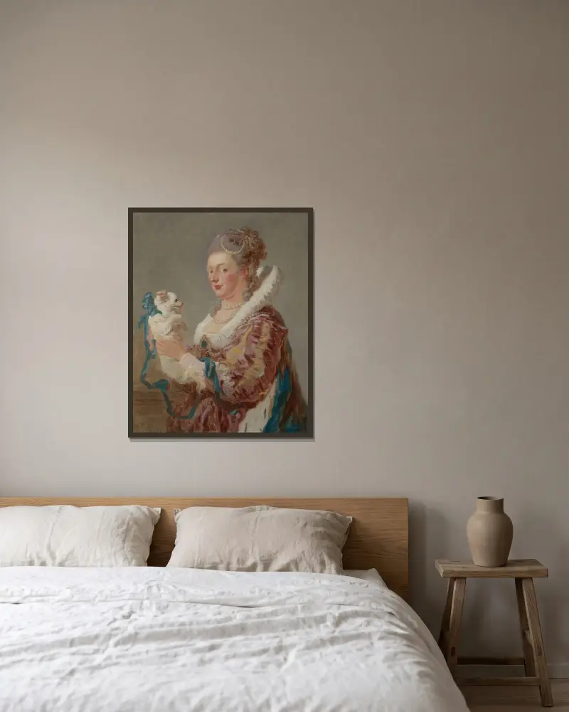 Kvinna med hund av Jean-Honoré Fragonard inramad på en vägg