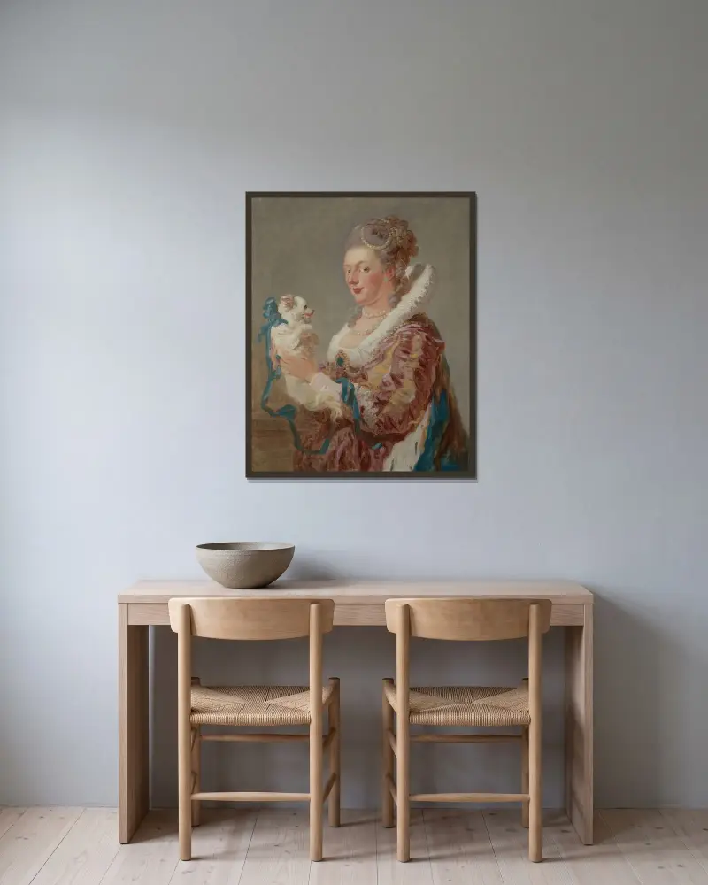 Kvinna med hund av Jean-Honoré Fragonard inramad på en vägg