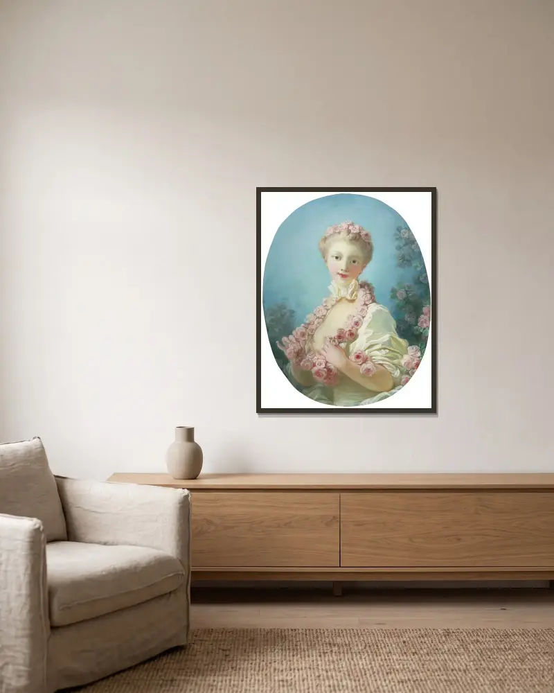 Ung blond kvinna med rosenkrans runt halsen av Jean-Honoré Fragonard inramad på en vägg