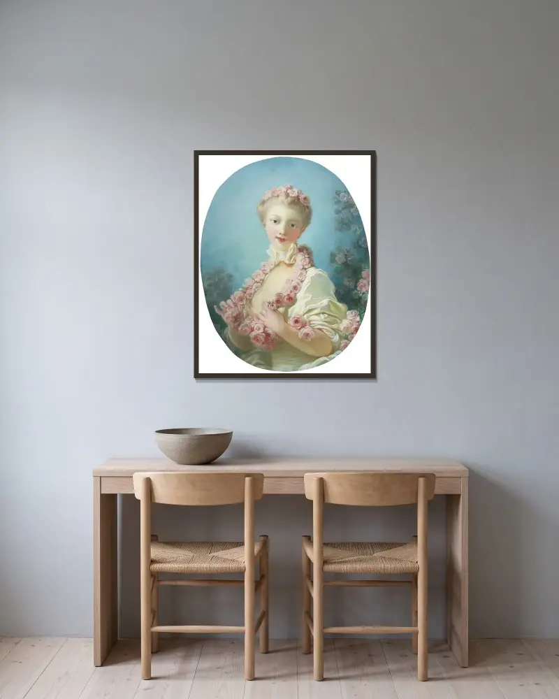Ung blond kvinna med rosenkrans runt halsen av Jean-Honoré Fragonard inramad på en vägg