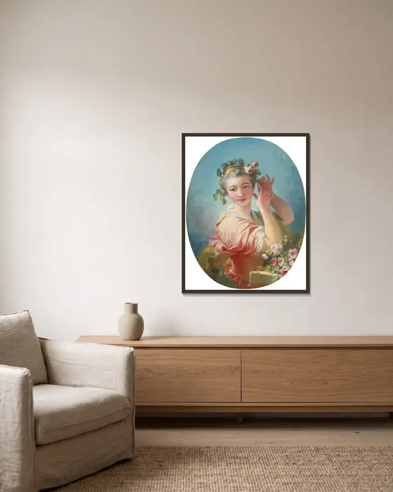Junge Frau, die ihre gepuderte Frisur mit einem Rosenstrauß schmückt von Jean-Honoré Fragonard gerahmt an einer Wand