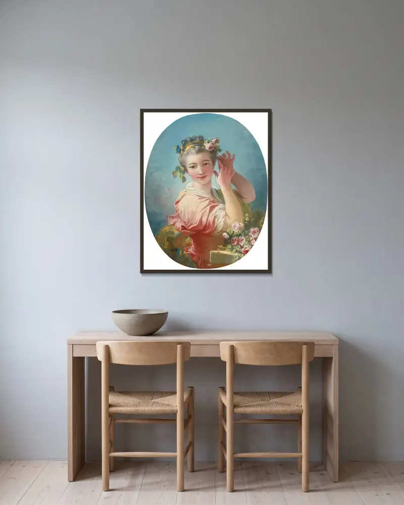 Junge Frau, die ihre gepuderte Frisur mit einem Rosenstrauß schmückt von Jean-Honoré Fragonard gerahmt an einer Wand