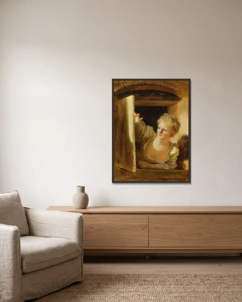 Ung kvinna som lutar sig ut genom ett fönster av Jean-Honoré Fragonard inramad på en vägg