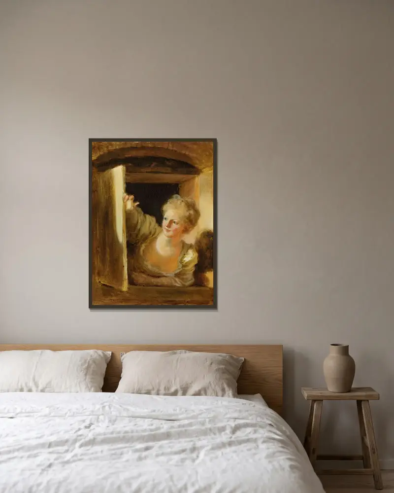 Ung kvinna som lutar sig ut genom ett fönster av Jean-Honoré Fragonard inramad på en vägg