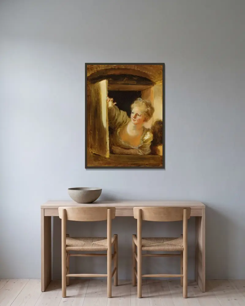 Ung kvinna som lutar sig ut genom ett fönster av Jean-Honoré Fragonard inramad på en vägg