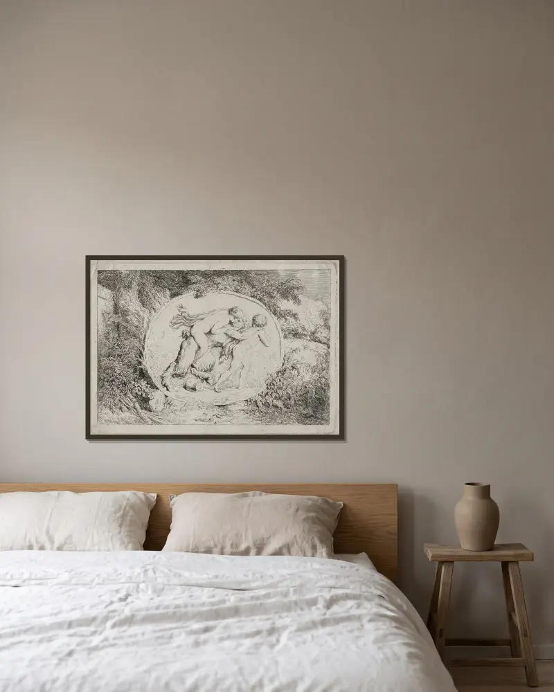 Backanaler; nymf ridande på en satyr av Jean-Honoré Fragonard inramad på en vägg