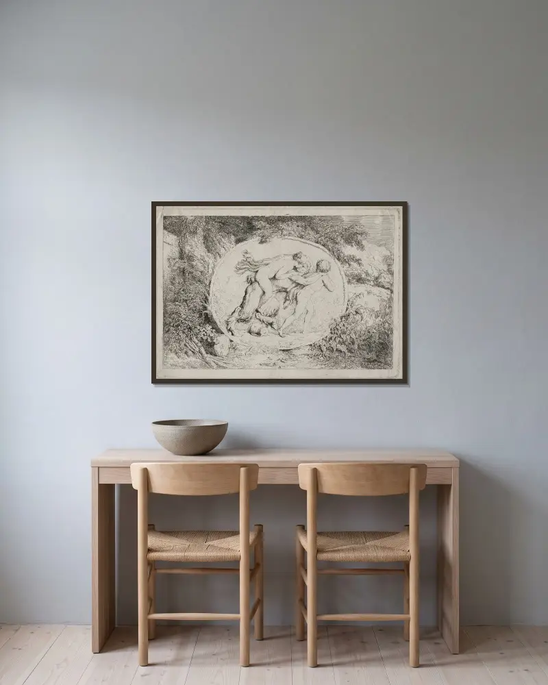 Backanaler; nymf ridande på en satyr av Jean-Honoré Fragonard inramad på en vägg