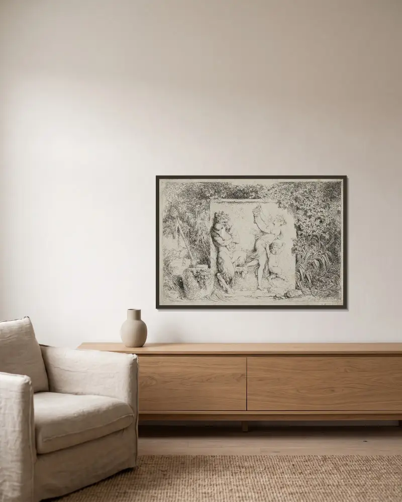 Backanaler; satyrens dans av Jean-Honoré Fragonard inramad på en vägg