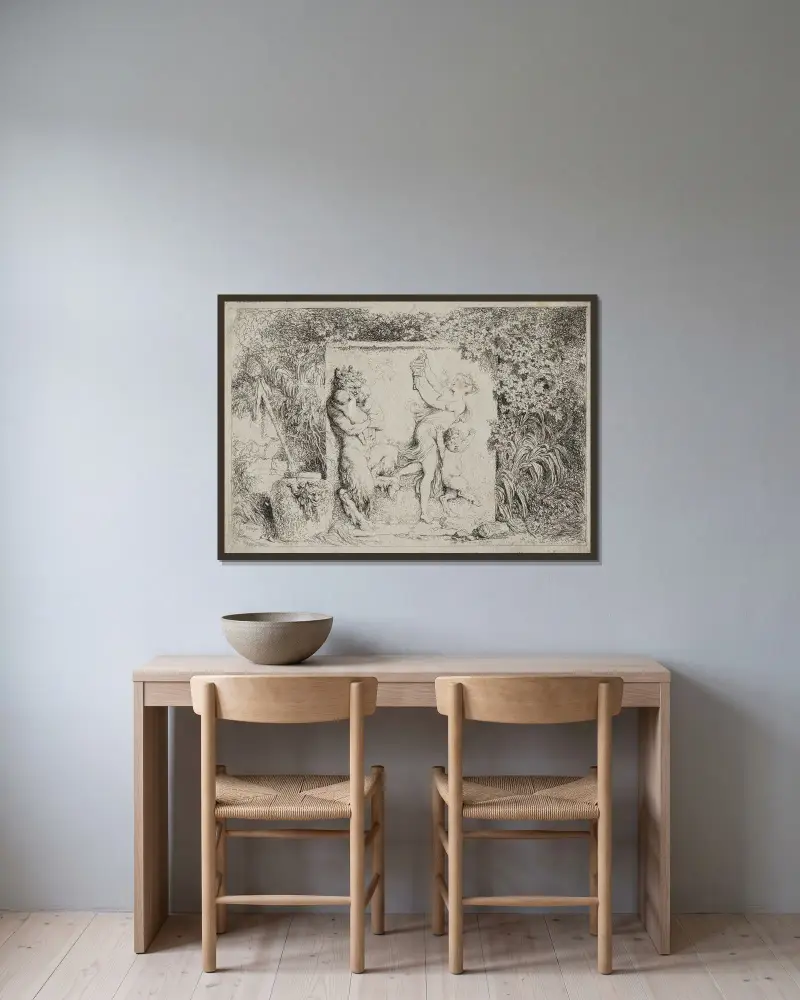 Backanaler; satyrens dans av Jean-Honoré Fragonard inramad på en vägg