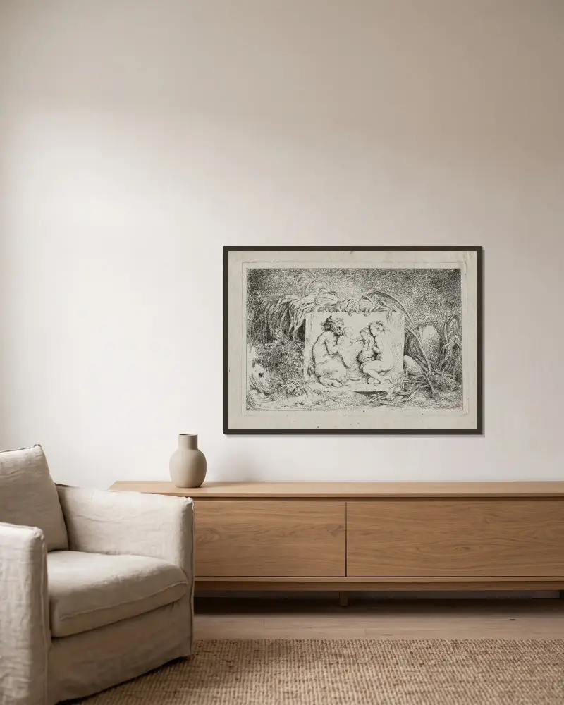 Bacchanale; Die Familie des Satyrn von Jean-Honoré Fragonard gerahmt an einer Wand