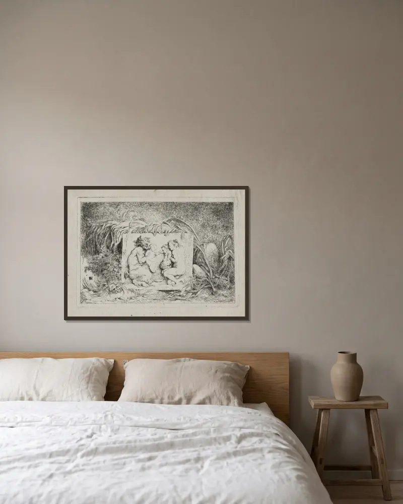 Bacchanale; Die Familie des Satyrn von Jean-Honoré Fragonard gerahmt an einer Wand