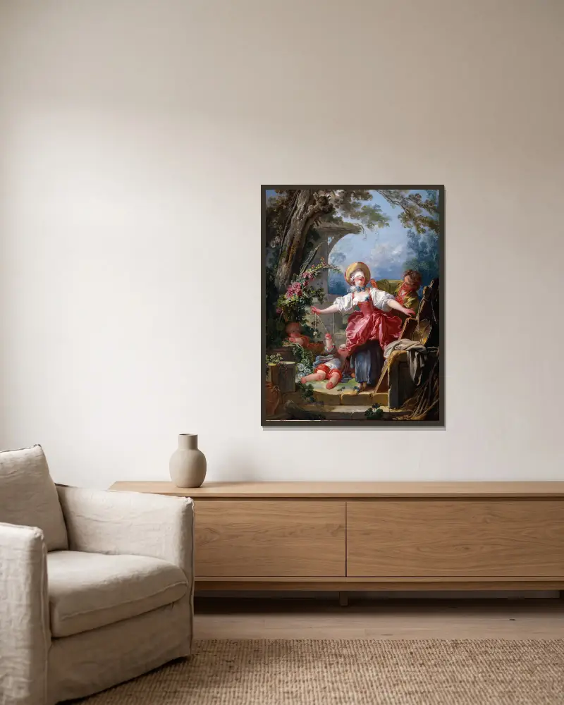 Blindekuh von Jean-Honoré Fragonard gerahmt an einer Wand