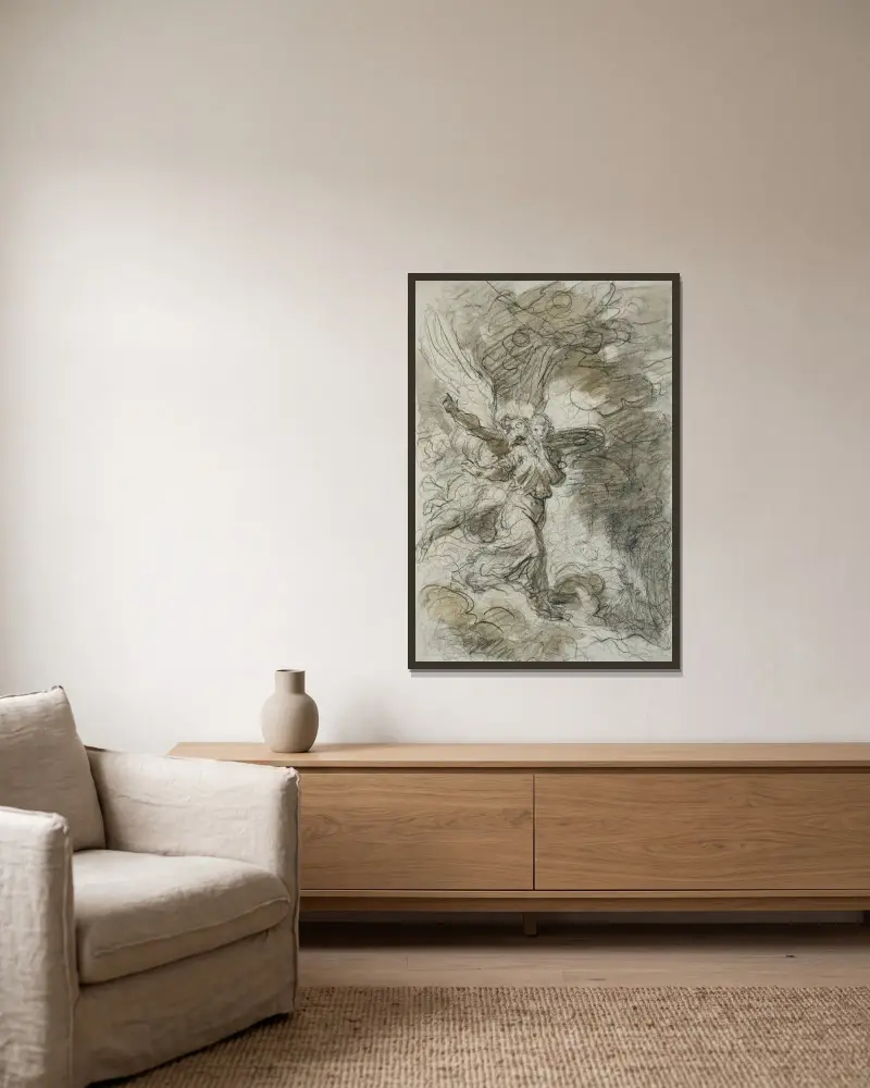 Ärkeängeln Mikael och tystnaden framför sömnens grotta (efter Ariost) av Jean-Honoré Fragonard inramad på en vägg