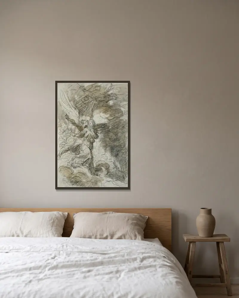 Ärkeängeln Mikael och tystnaden framför sömnens grotta (efter Ariost) av Jean-Honoré Fragonard inramad på en vägg