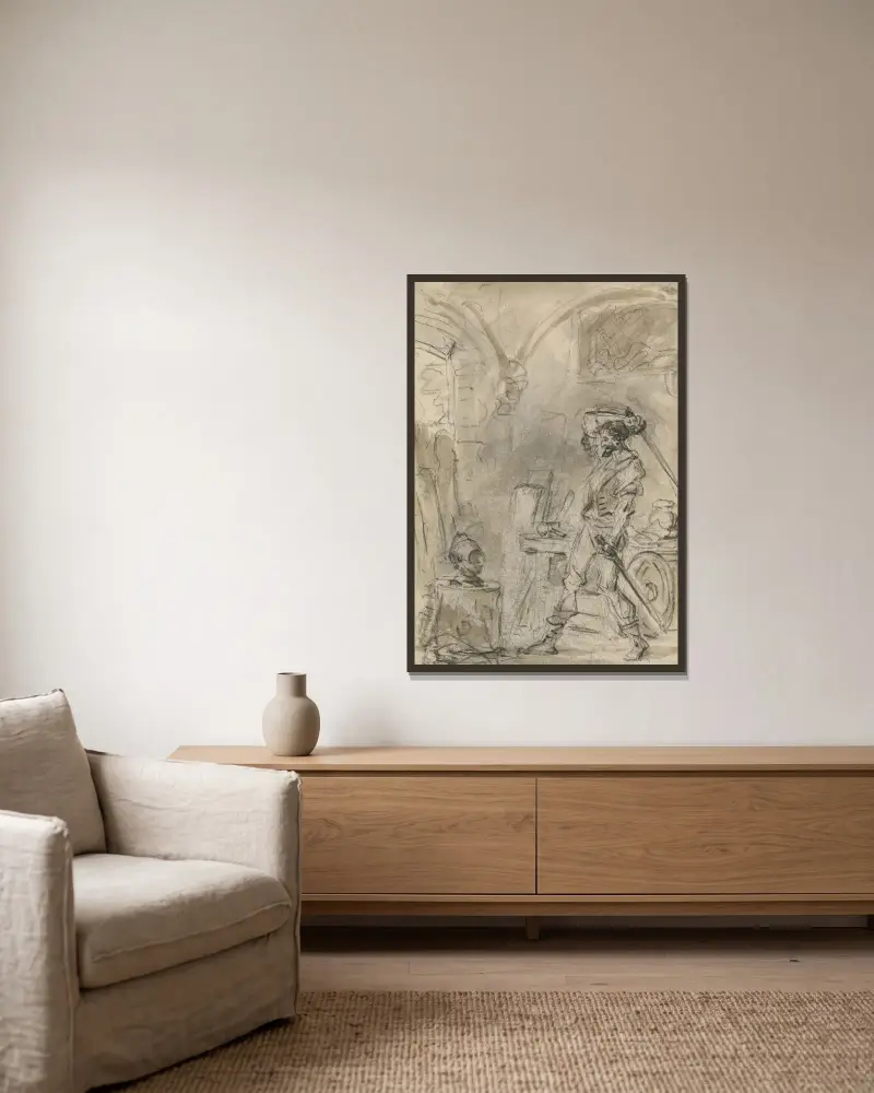 Don Quixote im Begriff, den Helm zu schlagen von Jean-Honoré Fragonard gerahmt an einer Wand