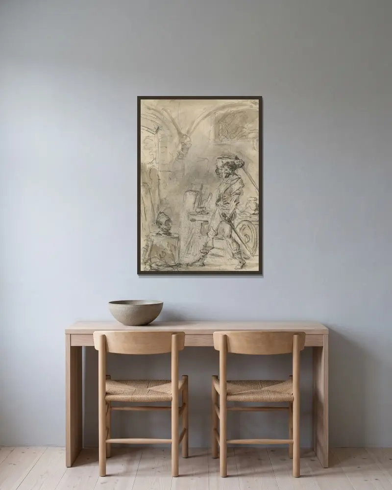 Don Quixote im Begriff, den Helm zu schlagen von Jean-Honoré Fragonard gerahmt an einer Wand