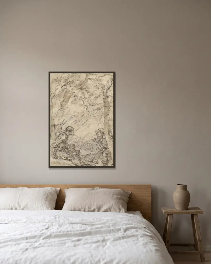 Don Quijote och Sancho Panza bevittnar attacken mot Rocinante av Jean-Honoré Fragonard inramad på en vägg