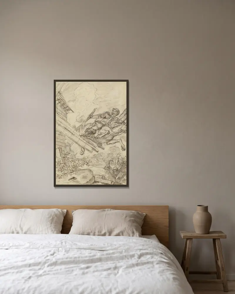Don Quixote Attacking the Windmill av Jean-Honoré Fragonard inramad på en vägg