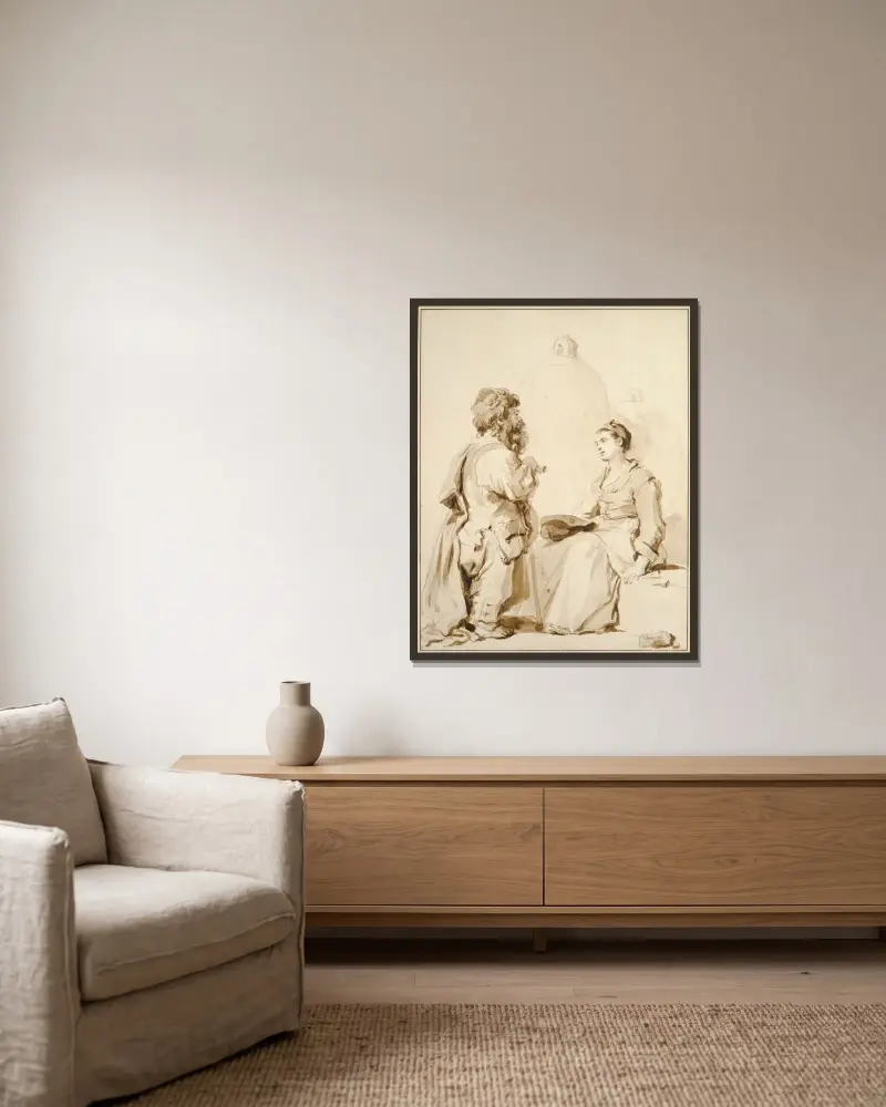 En dvärg och en ung kvinna i samtal av Jean-Honoré Fragonard inramad på en vägg