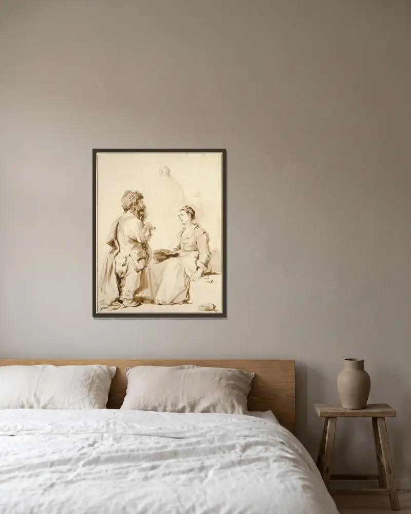 En dvärg och en ung kvinna i samtal av Jean-Honoré Fragonard inramad på en vägg