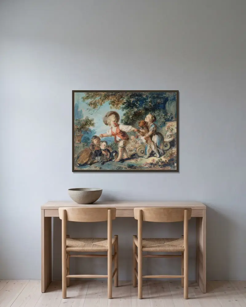 Enfants jouant avec deux chiens av Jean-Honoré Fragonard inramad på en vägg