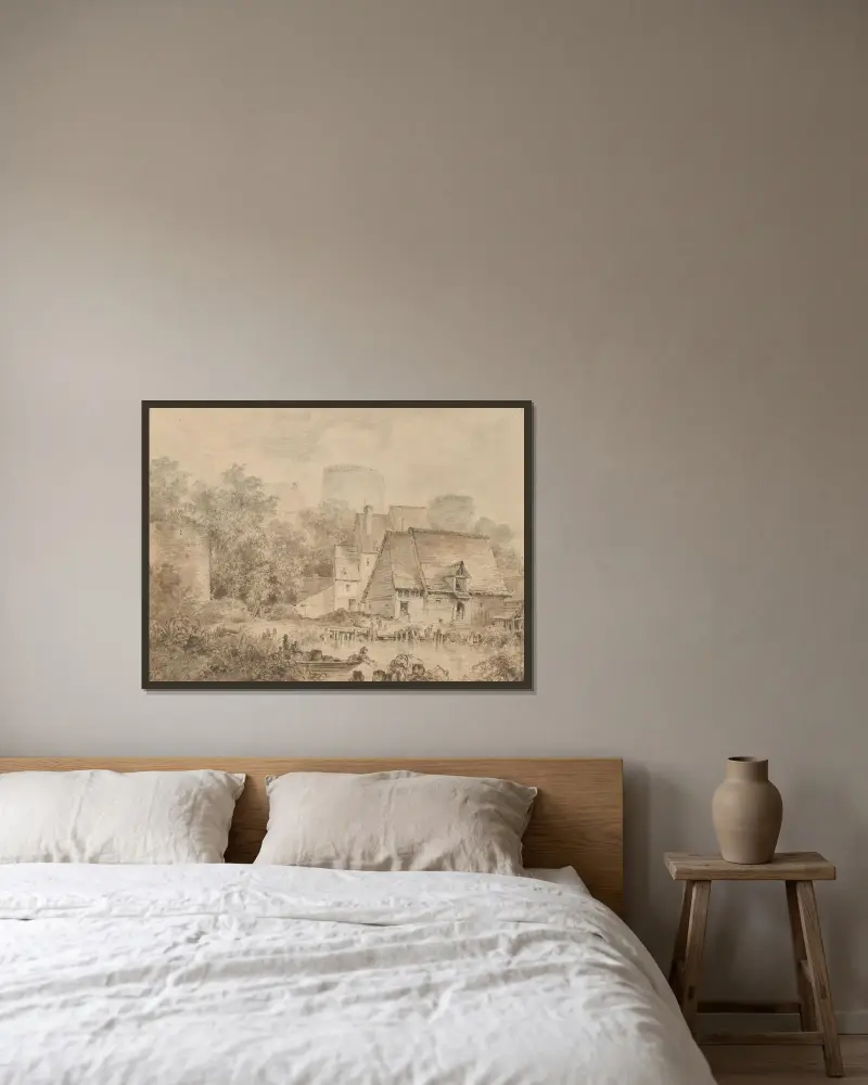 Bauernhöfe an einem Wasserweg von Jean-Honoré Fragonard gerahmt an einer Wand